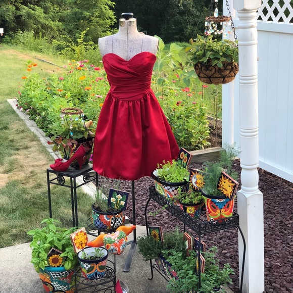 Red Satin Sweetheart Neckline Strapless Dress - Picture 1 of 7